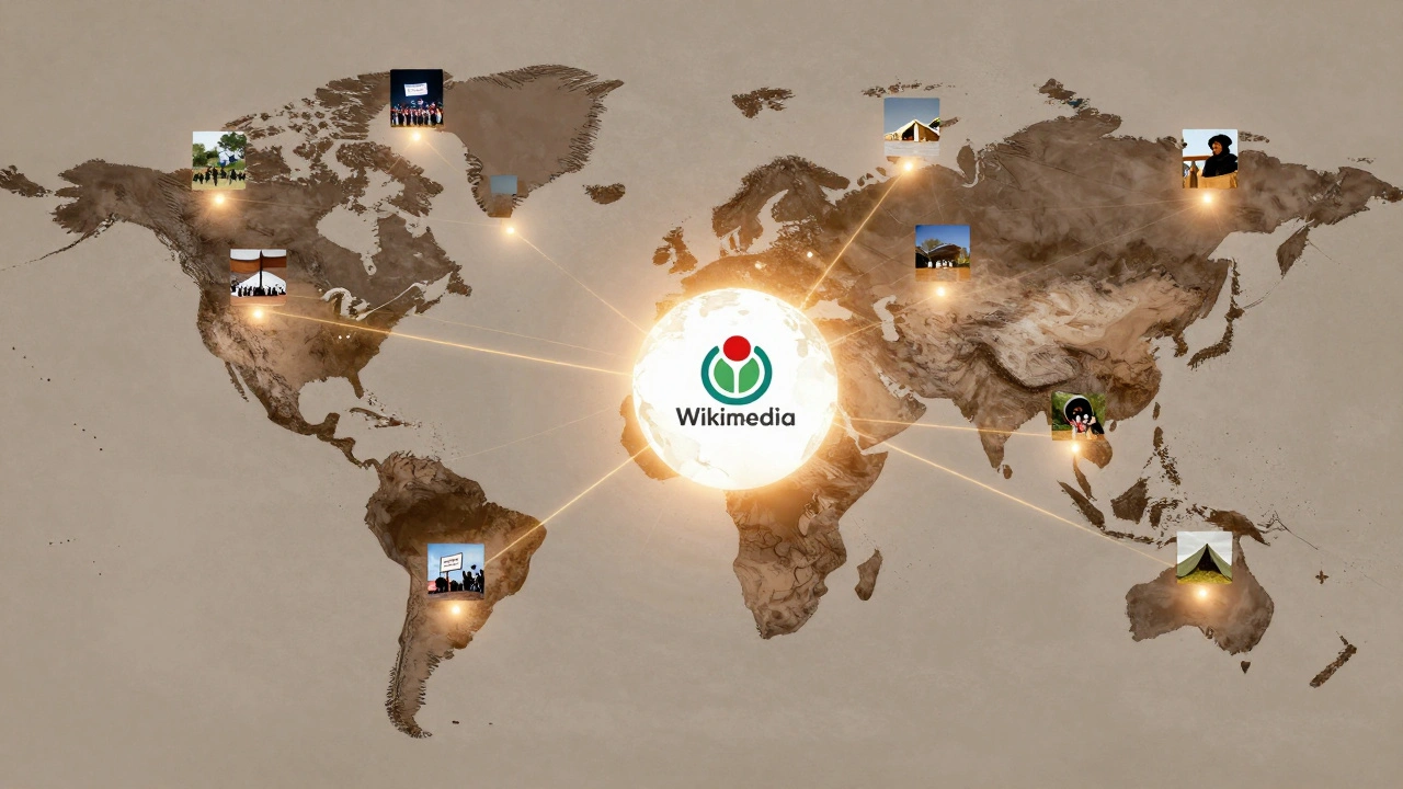 A global network of authentic photos connects distant places to a central Wikimedia Commons globe.