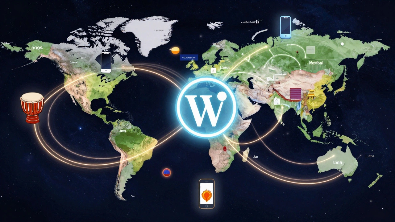 A global network of light connecting cities where Wikipedia is being shaped by mobile and AI-assisted editing.