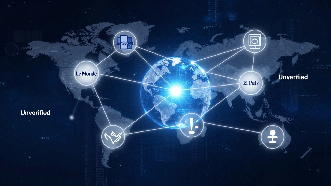 A global network of trusted non-English media sources connected to a central Wikipedia globe, with unverified sources fading into darkness.