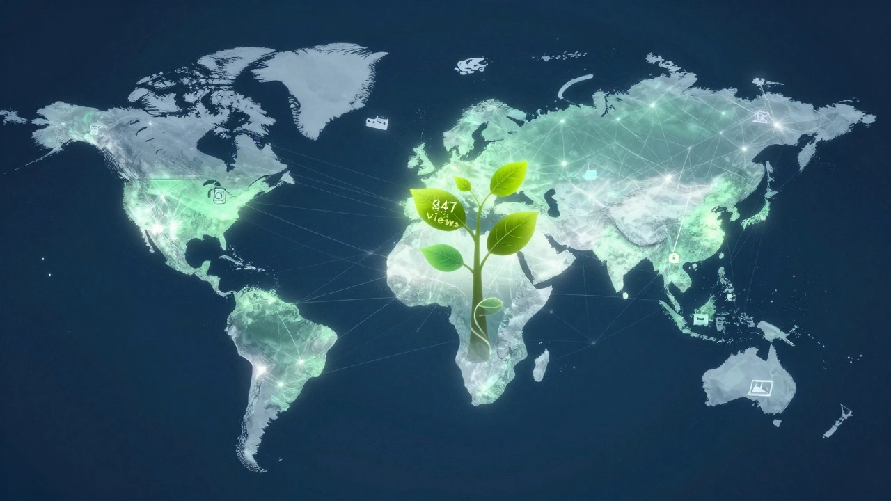 A global network of Wikipedia editors connects through glowing threads, with one edit's impact shown as a growing leaf on a tree.