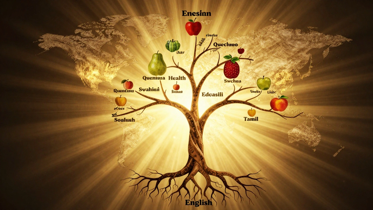 A global tree with knowledge branches growing from major languages into smaller ones, symbolizing equitable access to information.