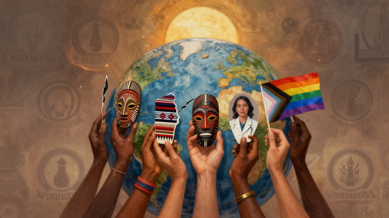 A globe split open showing hands of different cultures holding fragments of knowledge, symbolizing global inclusion in knowledge-sharing.