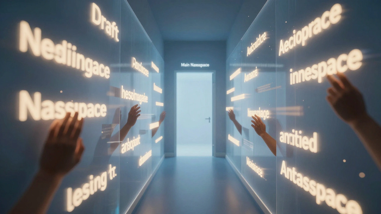 A glowing hallway of draft articles, with unseen hands adding edits, leading to a distant door labeled 'Main Namespace'.