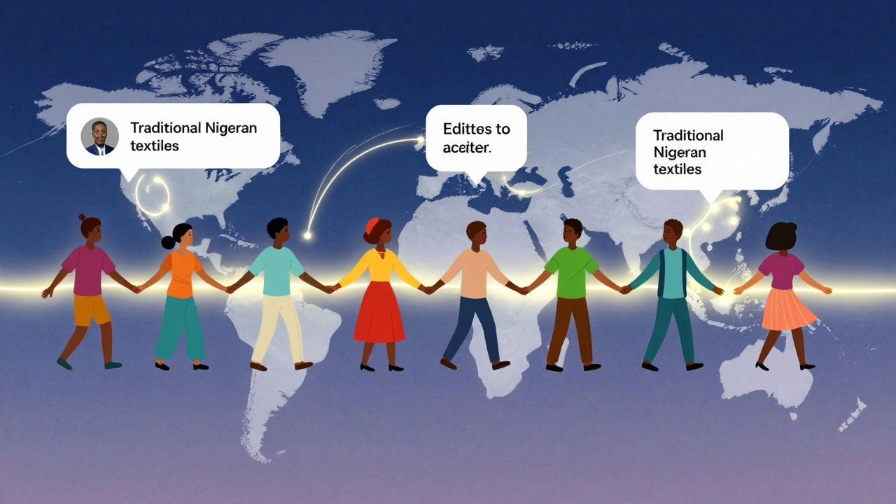 A glowing human chain of mentors connecting across continents, helping expand Wikipedia articles globally.