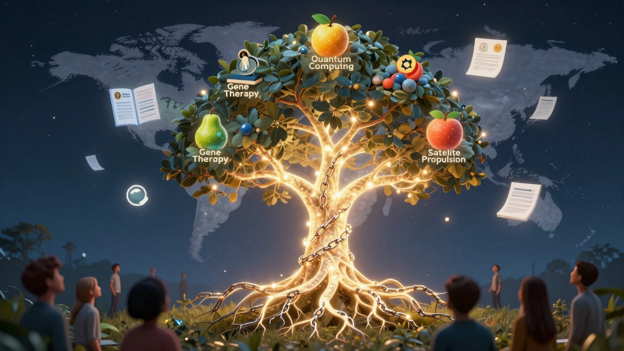 A glowing tree of knowledge with academic credentials as roots and scientific topics as fruit, symbolizing Grokipedia's global reach.