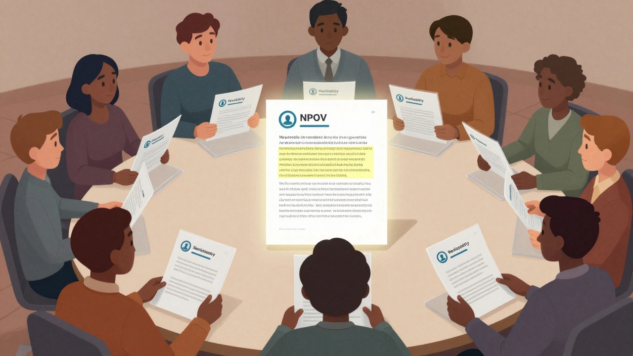 A group of anonymous editors collaborating around a table with policy icons and a glowing article.