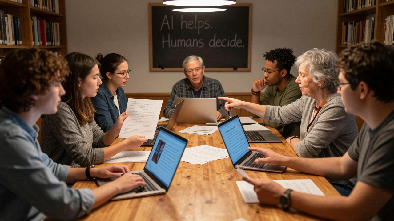 A group of diverse editors debate AI's role in Wikipedia, holding up a handwritten 1972 letter and a flagged oral tradition footnote.