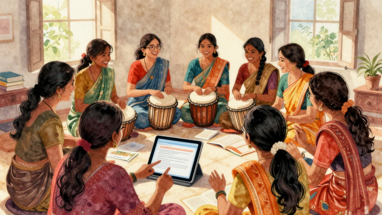 A group of women and students in India collaboratively editing Wikipedia on a tablet during a community edit-a-thon.