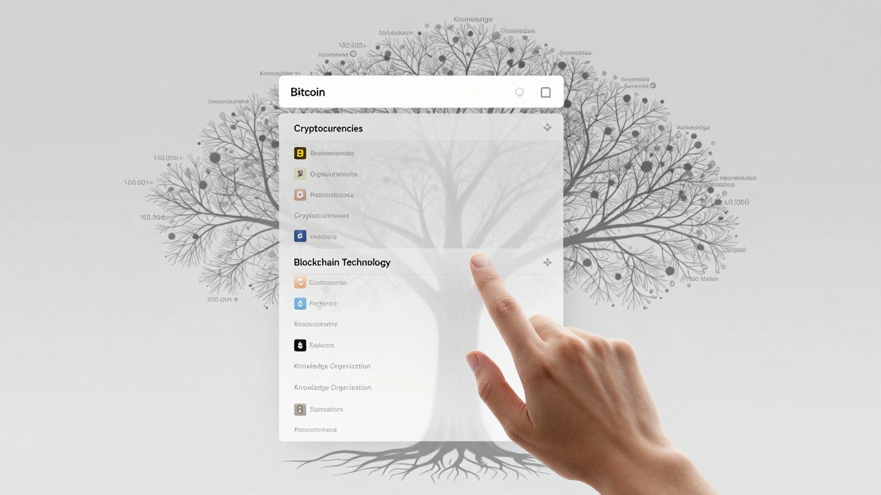 A hand navigating Wikipedia category layers from Bitcoin to Cryptocurrencies to Blockchain Technology.