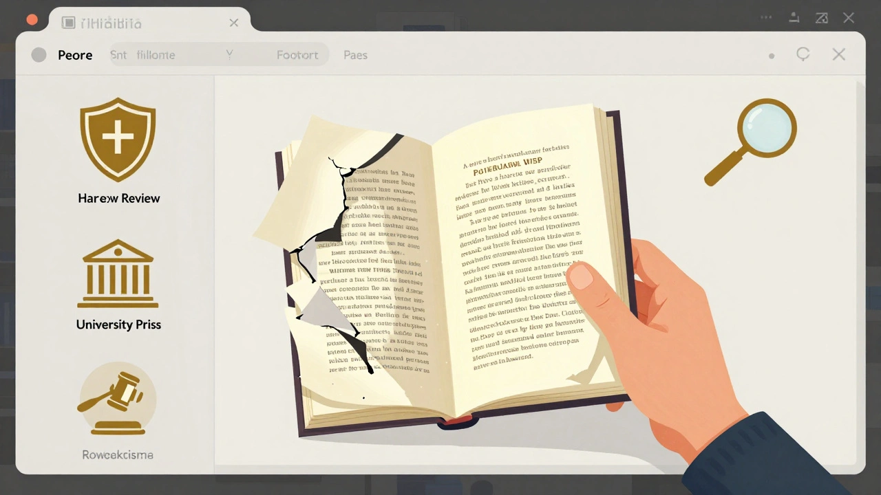 A hand replaces a crumbling blog with a glowing academic journal on a Wikipedia edit page, surrounded by icons of reliability like shields and magnifying glasses.