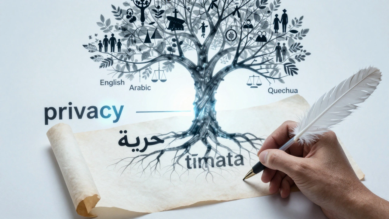 A hand writes as words transform between languages, rooted in a tree labeled with global languages, symbols rising from each branch.