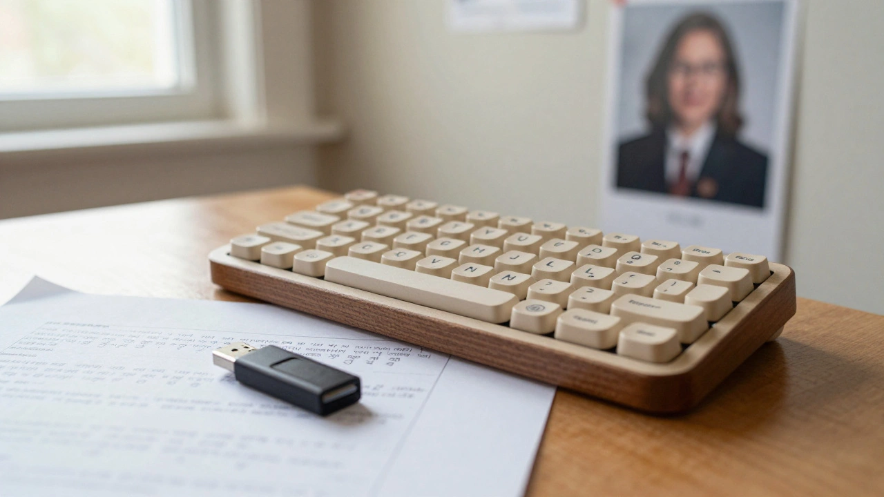 A handmade Cherokee keyboard with a USB stick rests beside a handwritten article in Cherokee syllabary.
