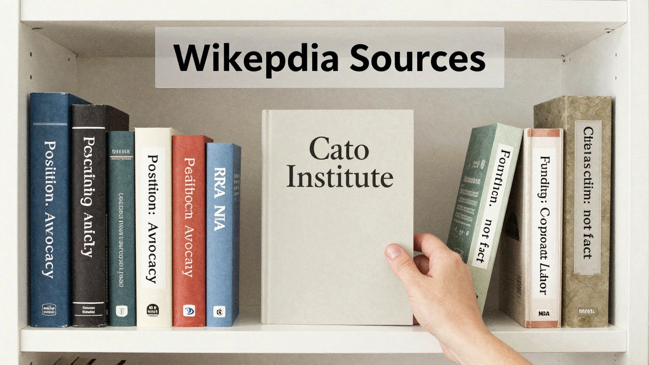 A library shelf of sources for Wikipedia, with neutral institutions centered and advocacy groups labeled with transparency tags on the sides.