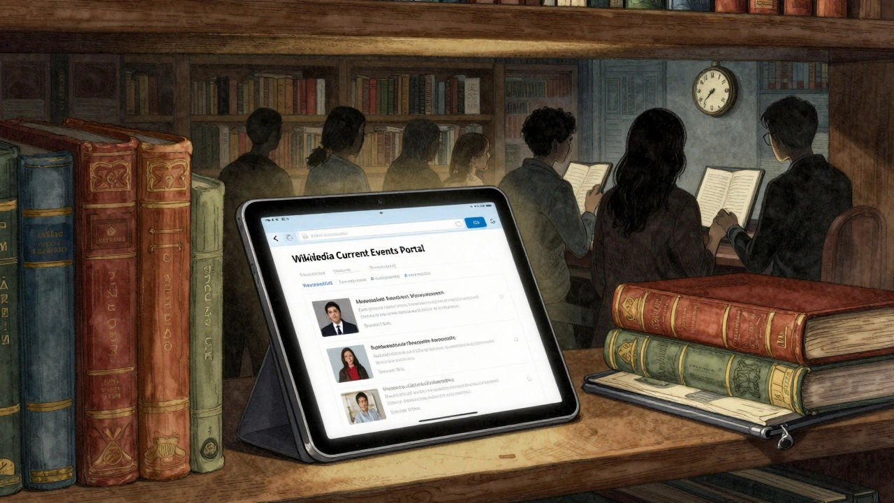 A library shelf with glowing tablets displaying verified current events, studied by diverse researchers.