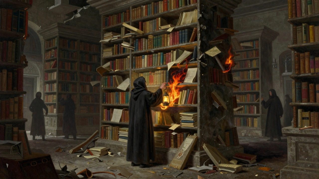 A lone guardian repairing a crumbling library of knowledge while vandalism burns nearby.