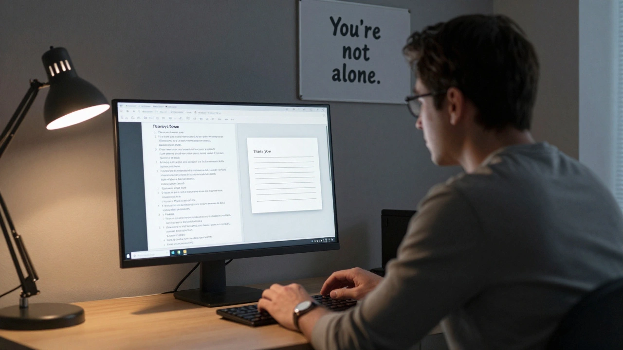 A mentor reviewing a new editor's first edit in a quiet home office, with a thank-you note visible.