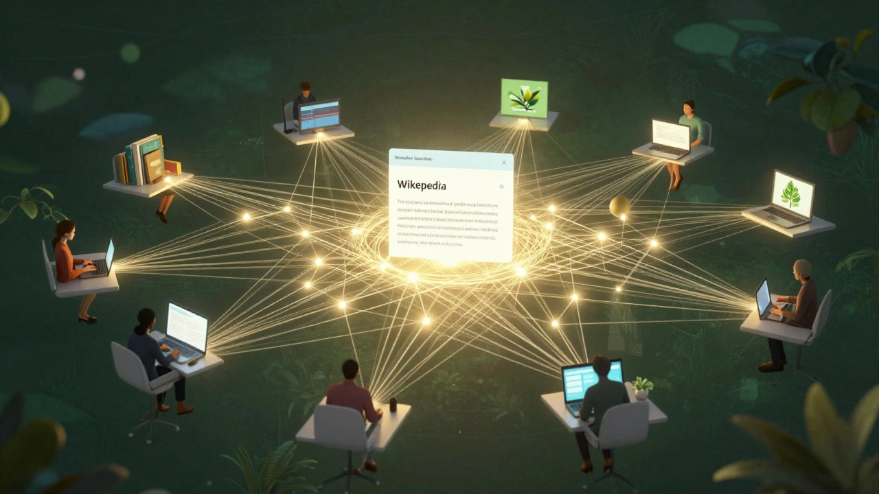 A network of light connecting global editors contributing verified data to a Wikipedia article on Amazonian flora.