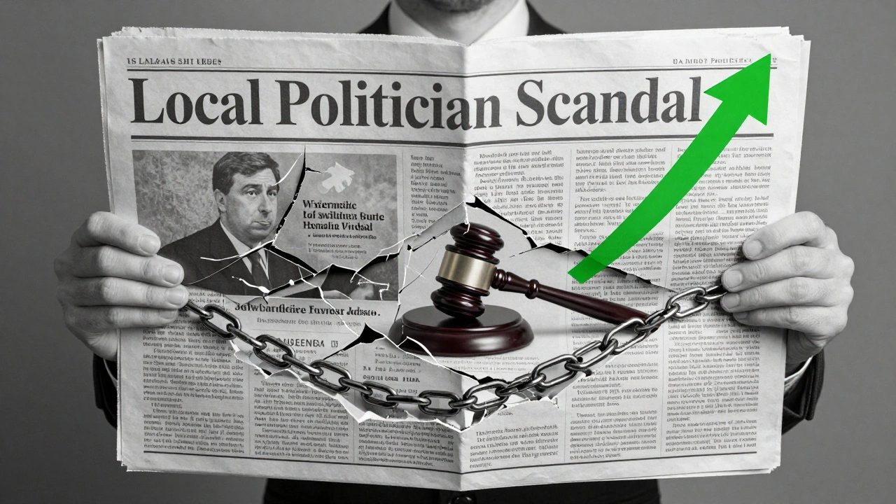 A newspaper headline breaking apart to reveal Wikipedia editors, a gavel, and a path to original sources.