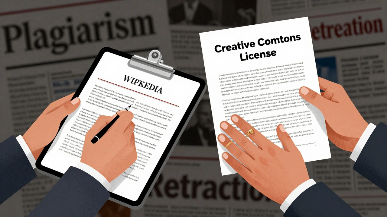 A newsroom hand copying Wikipedia text stopped by a lawyer's hand holding a license document.