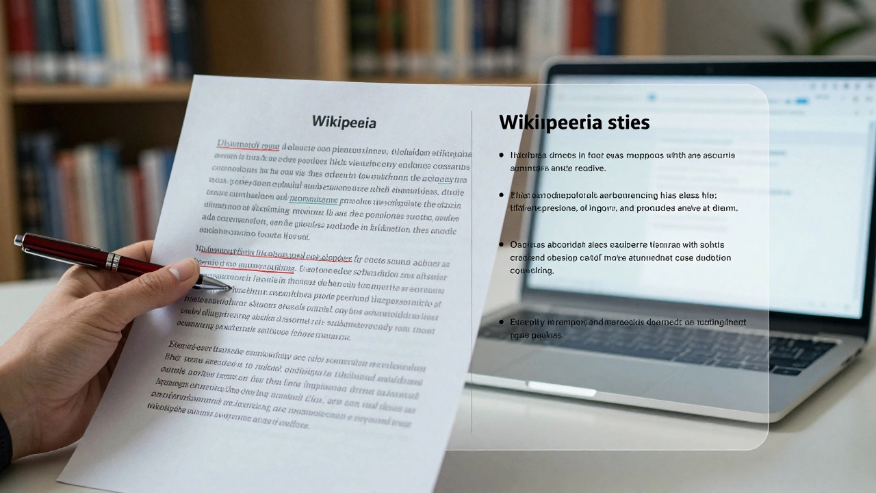 A professor's red-penciled paper with Wikipedia text highlighted, overlaid with three credible academic sources beneath.