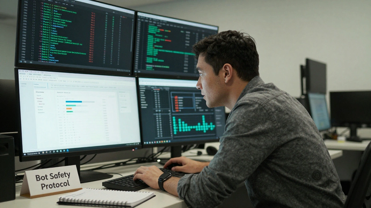 A programmer analyzing a real-time dashboard of bot metrics including edits per hour and error rates in a quiet office.
