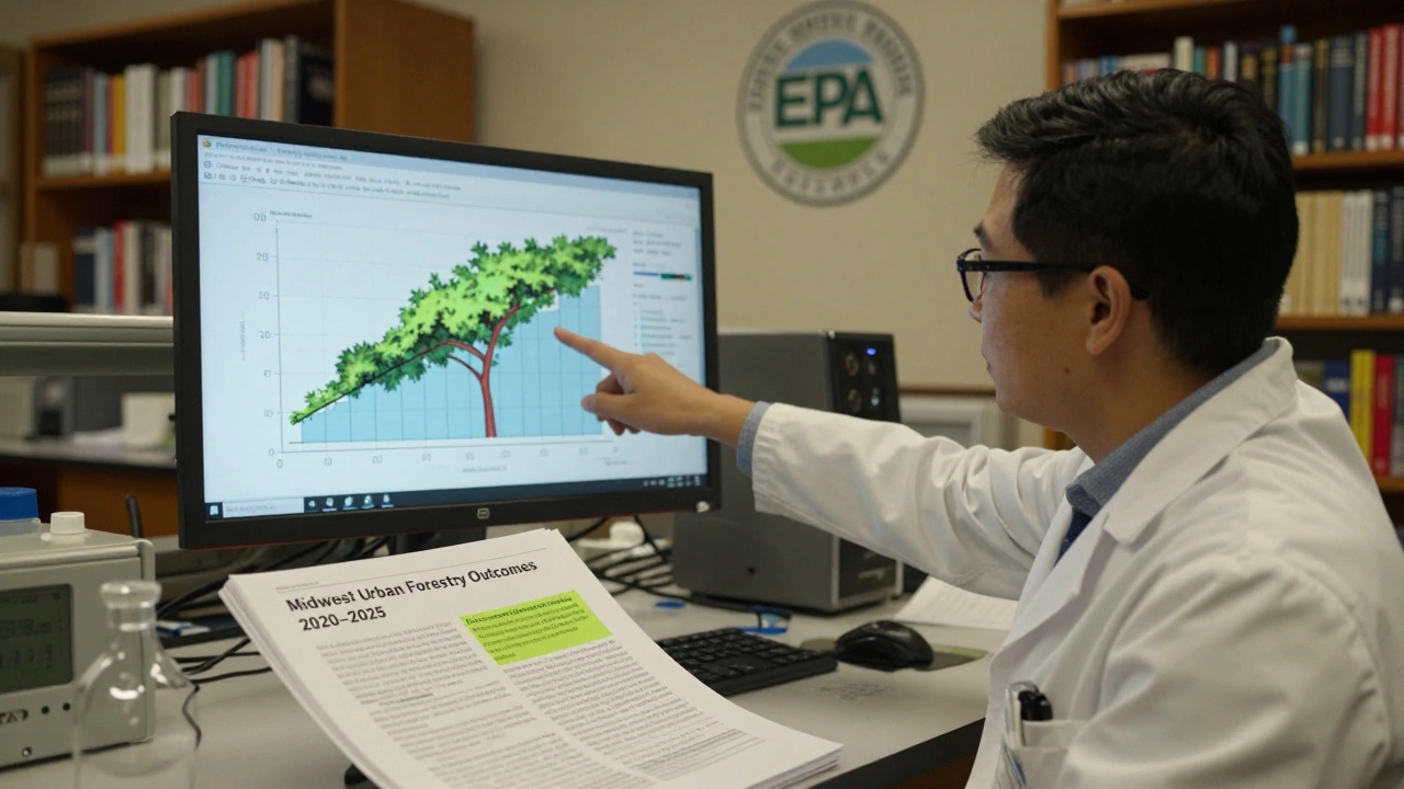 A researcher in a lab pointing to a graph on screen, with a peer-reviewed report highlighting an urban forestry initiative.
