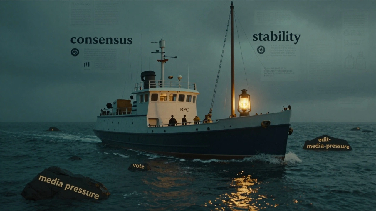 A ship guided by an RFC lantern navigating through hazards like votes and edit-warring toward stable consensus waters.