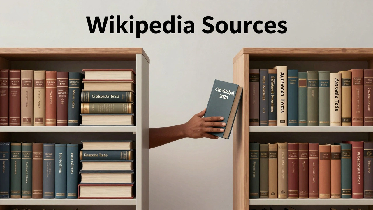 A split bookshelf representing Wikipedia's source bias, with a new book bridging the gap between Western and non-Western references.