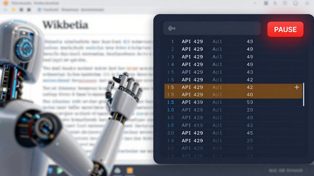 A split view showing a Wikipedia edit on one side and a detailed log with error alerts on the other, highlighting a failed API request.