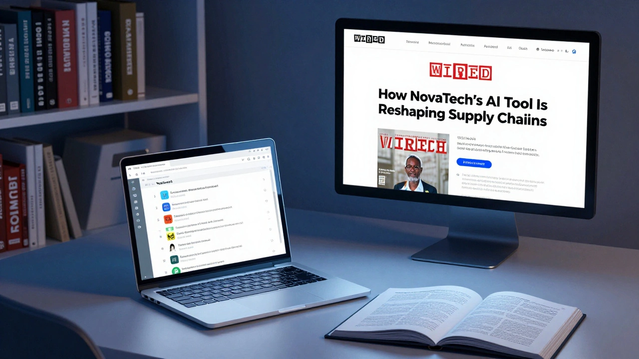 A startup office with a TechCrunch list on one screen and a Wired magazine cover on another, symbolizing shallow vs. deep media coverage.