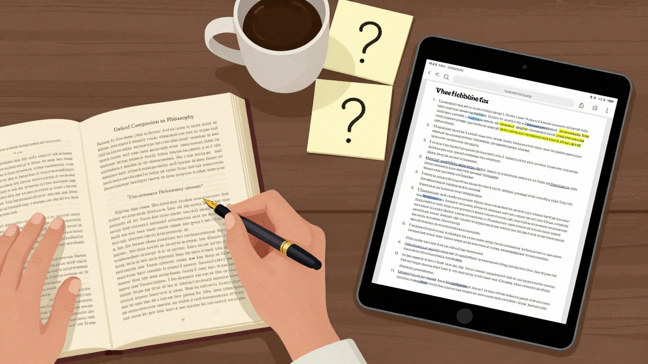 A student's desk with an open academic reference book and a tablet displaying Wikipedia citations, symbolizing research progression.