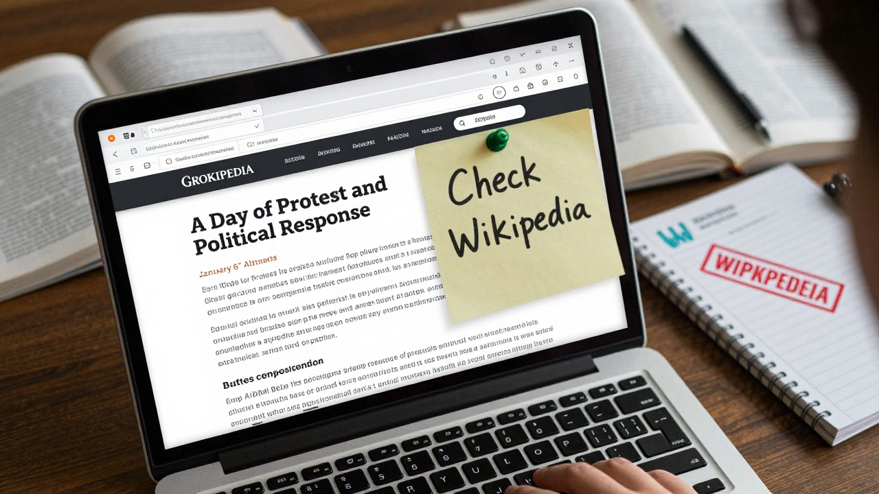 A student studying on a laptop showing Grokipedia's neutral framing of January 6, with a note urging verification against Wikipedia.