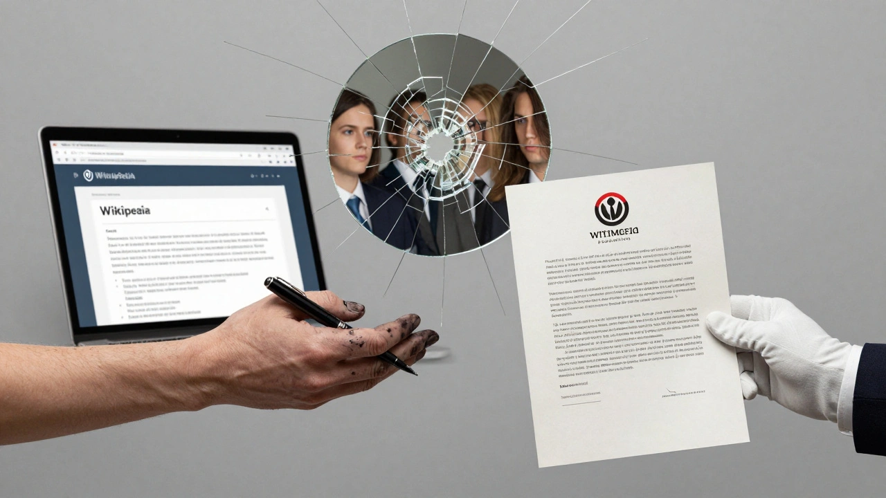 A symbolic divide between a volunteer editor's hand and a legal professional's hand, with a shattered mirror reflecting users.