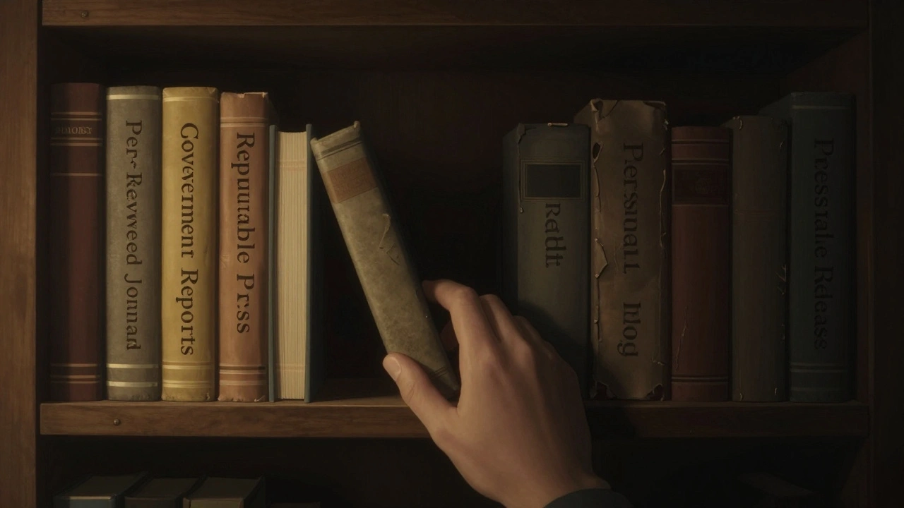 A symbolic library shelf with trustworthy sources glowing and unreliable ones fading into shadow.