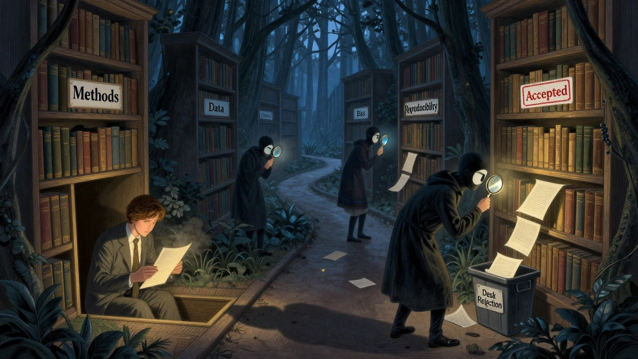 A symbolic path through bookshelves where reviewers examine a paper before it receives an acceptance stamp.