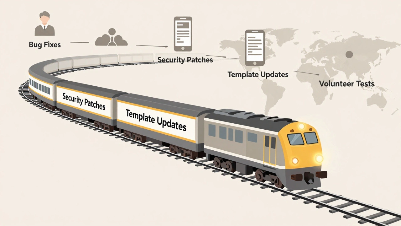 A symbolic train carrying Wikipedia updates speeding across global icons, with a glowing safety brake at the front.