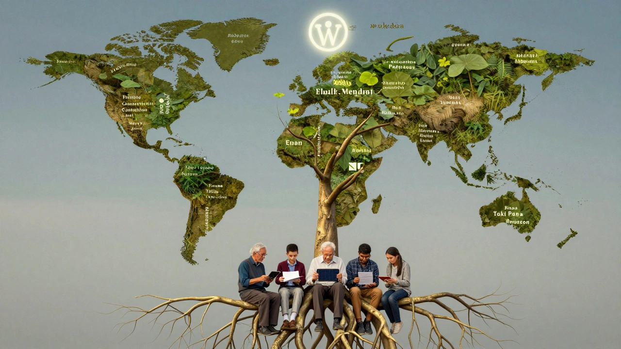 A symbolic tree with language editions as leaves, elders and youth translating oral stories into digital articles.