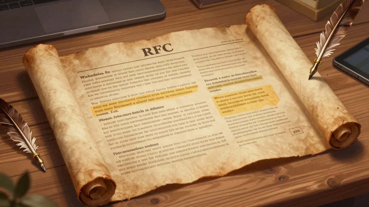 A transforming parchment scroll displaying evolving Wikipedia policy text alongside traditional and digital writing tools.