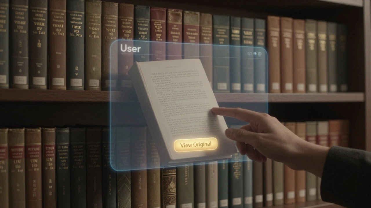 A translucent AI interface rewriting Wikipedia books on a library shelf, with one book glowing as a hand reaches for an original version button.