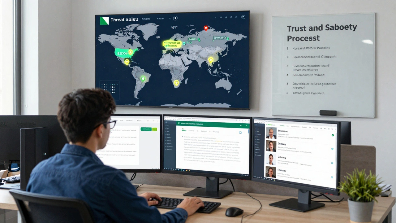 A Trust and Safety team member monitors real-time abuse reports from multiple countries on multiple screens in a modern office.