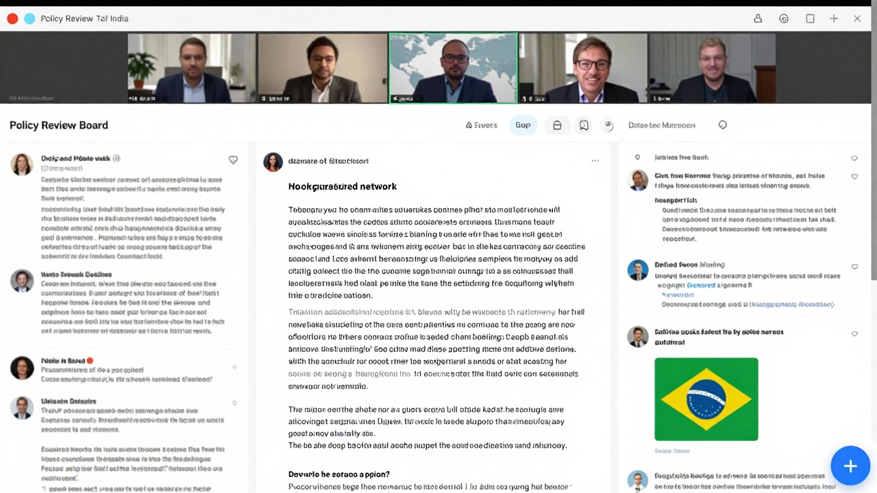 A vibrant Wikipedia talk page shows global community debate over a banned editor case, with video calls from a multinational policy board above.