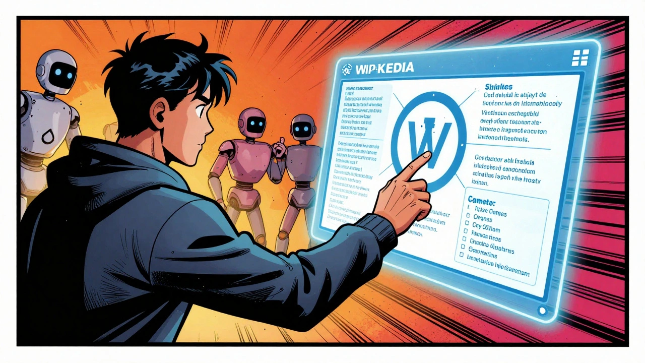 A volunteer coder uses a holographic Wikipedia interface while bots perform automated edits in the background.