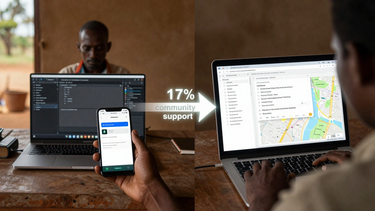 A volunteer in rural Kenya using a mobile app alongside a developer optimizing Wikidata, symbolizing community support for global access.