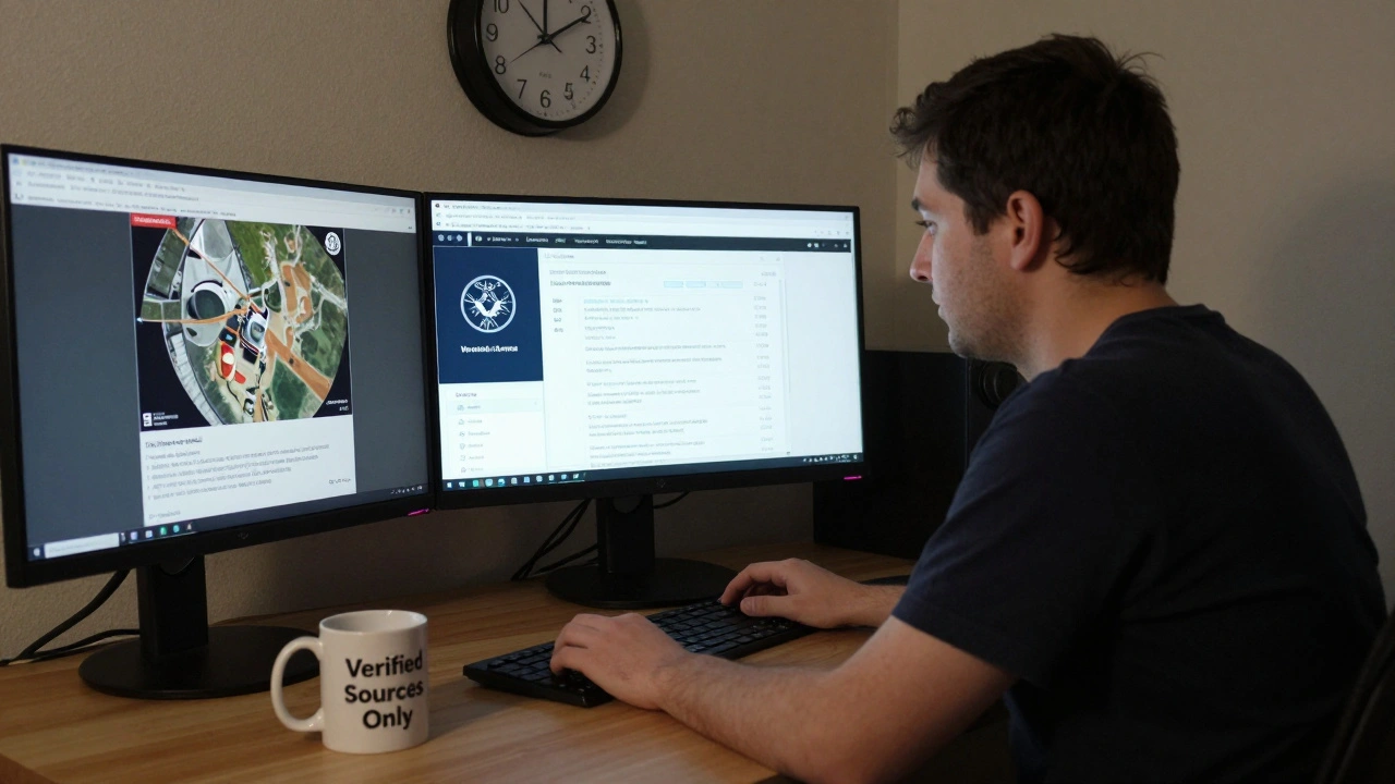 A volunteer Wikipedia editor reviewing satellite data and talk page discussions during a nighttime crisis monitoring session.