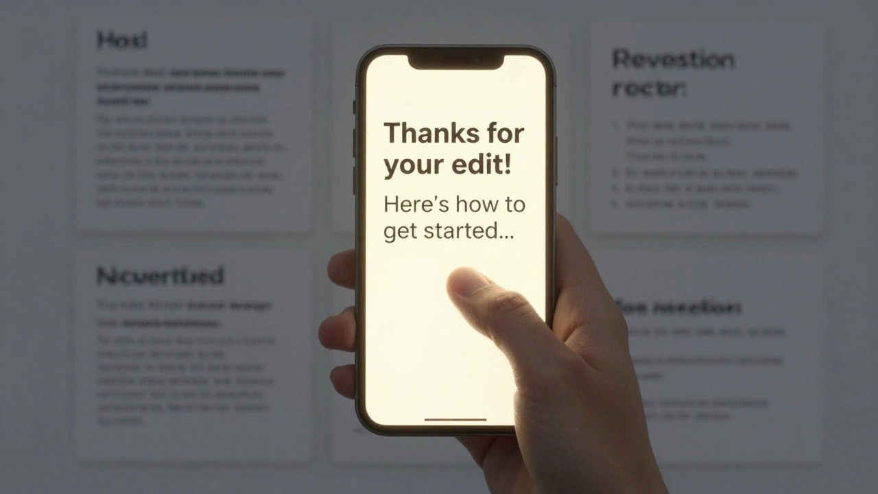 A welcoming message on a mobile screen shines amid a wall of harsh Wikipedia edit rejections.