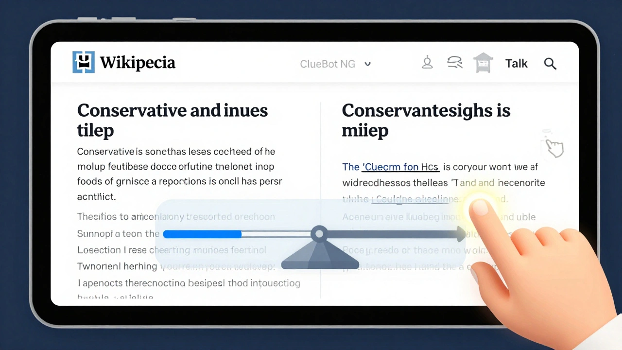 A Wikipedia article showing balanced conservative and progressive citations with bot icons monitoring edits.