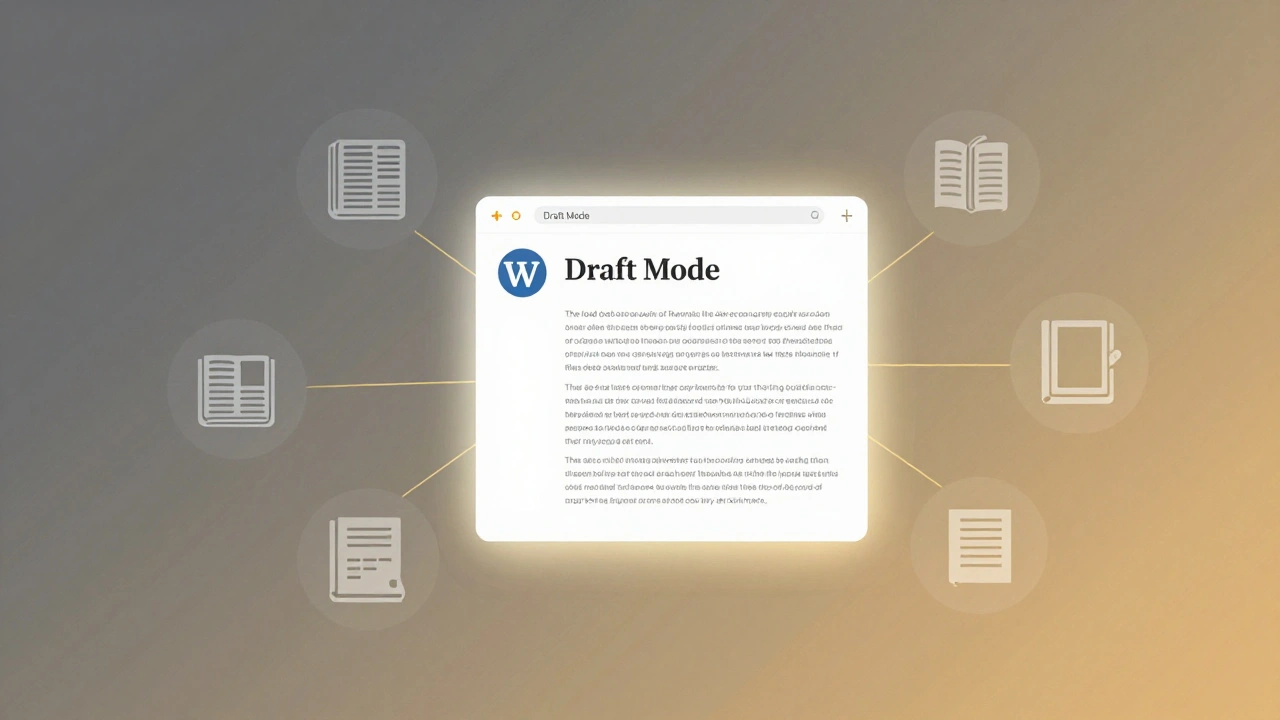 A Wikipedia article transforming from draft to published status, supported by icons of reliable sources.