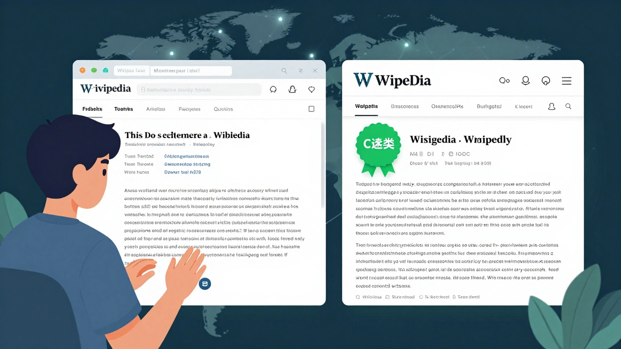A Wikipedia article with C-class badge beside a student editing with proper citations and global reader icons.