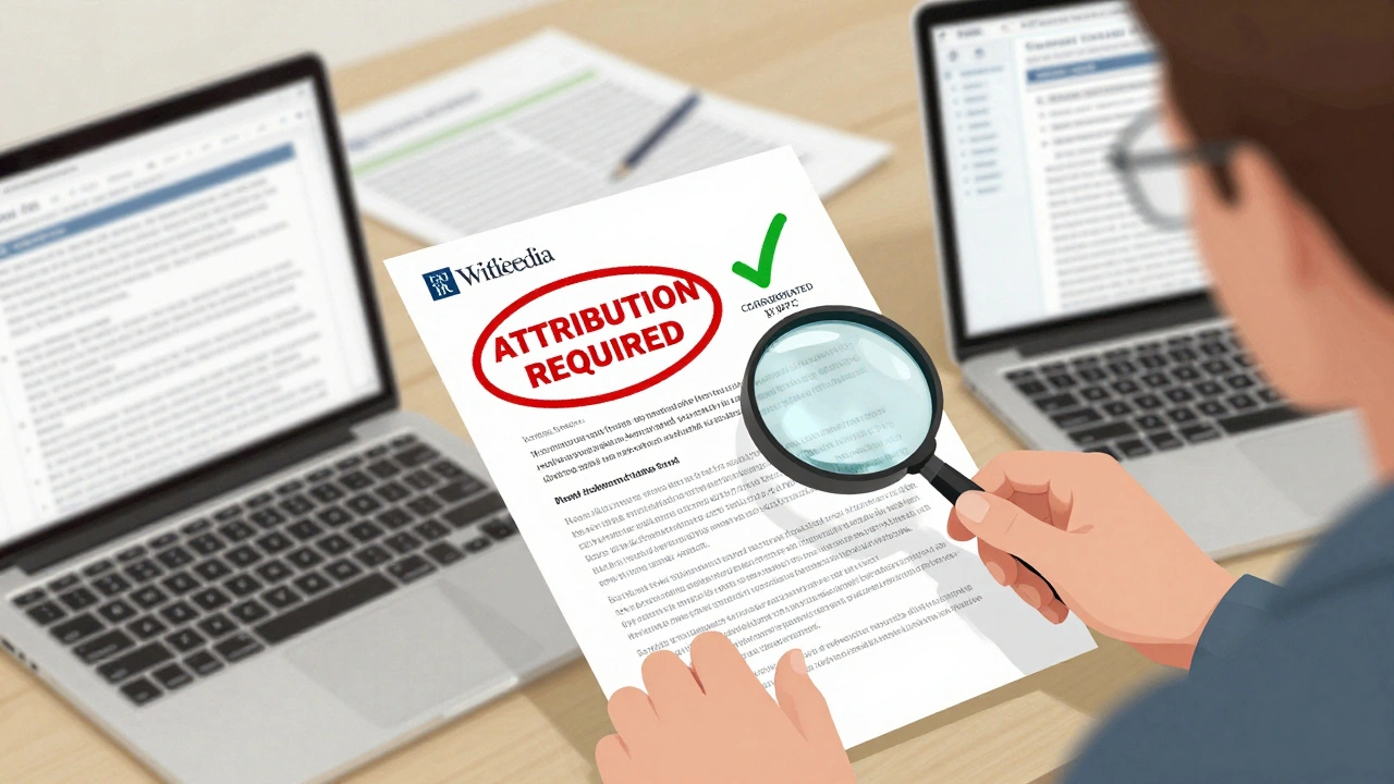 A Wikipedia editor reviewing think tank reports at a desk, with some marked for attribution and others verified by external sources.