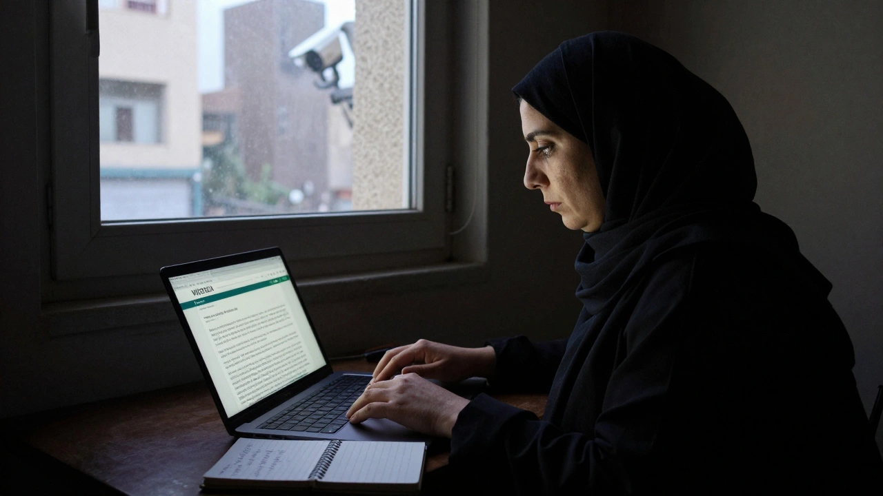 A woman editing a Wikipedia article on an encrypted laptop in Tehran, lit by screen glow, with handwritten notes nearby.